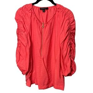 MARC NEW YORK Women's Blouse Ruched Sleeve Coral Gold Zipper Pullover‎